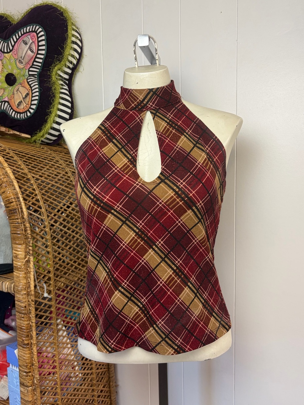 Vintage Y2K le chateau red plaid holiday halter crop top size small whimsigoth
